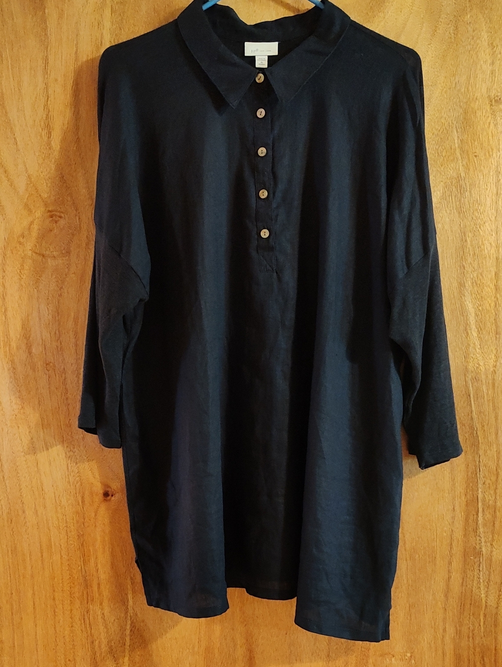 J.Jill Love Linen Popover Tunic Navy Blue Woven/Jersey Combo ¾-Sleeve Coastal 2X